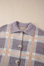 Sky Blue Fuzzy Plaid Collared Button Up Cardigan - Fashionfitz