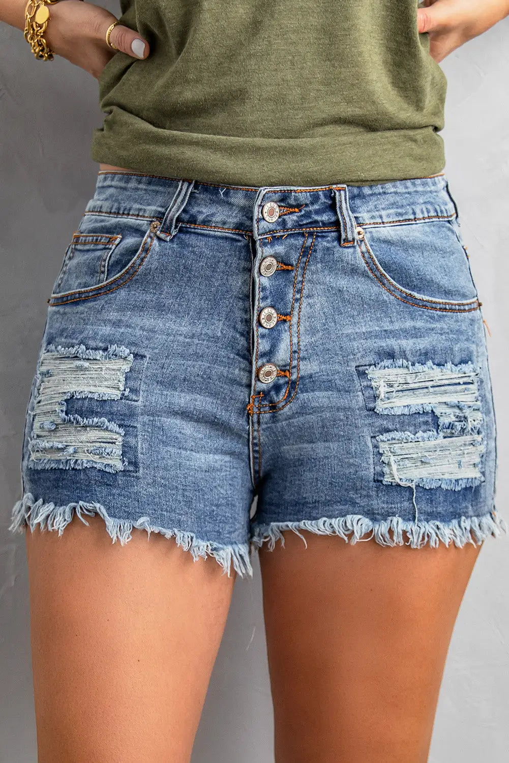 Sky blue gypsy mid-rise distressed denim shorts - s / 75% cotton + 24% polyester + 1% spandex