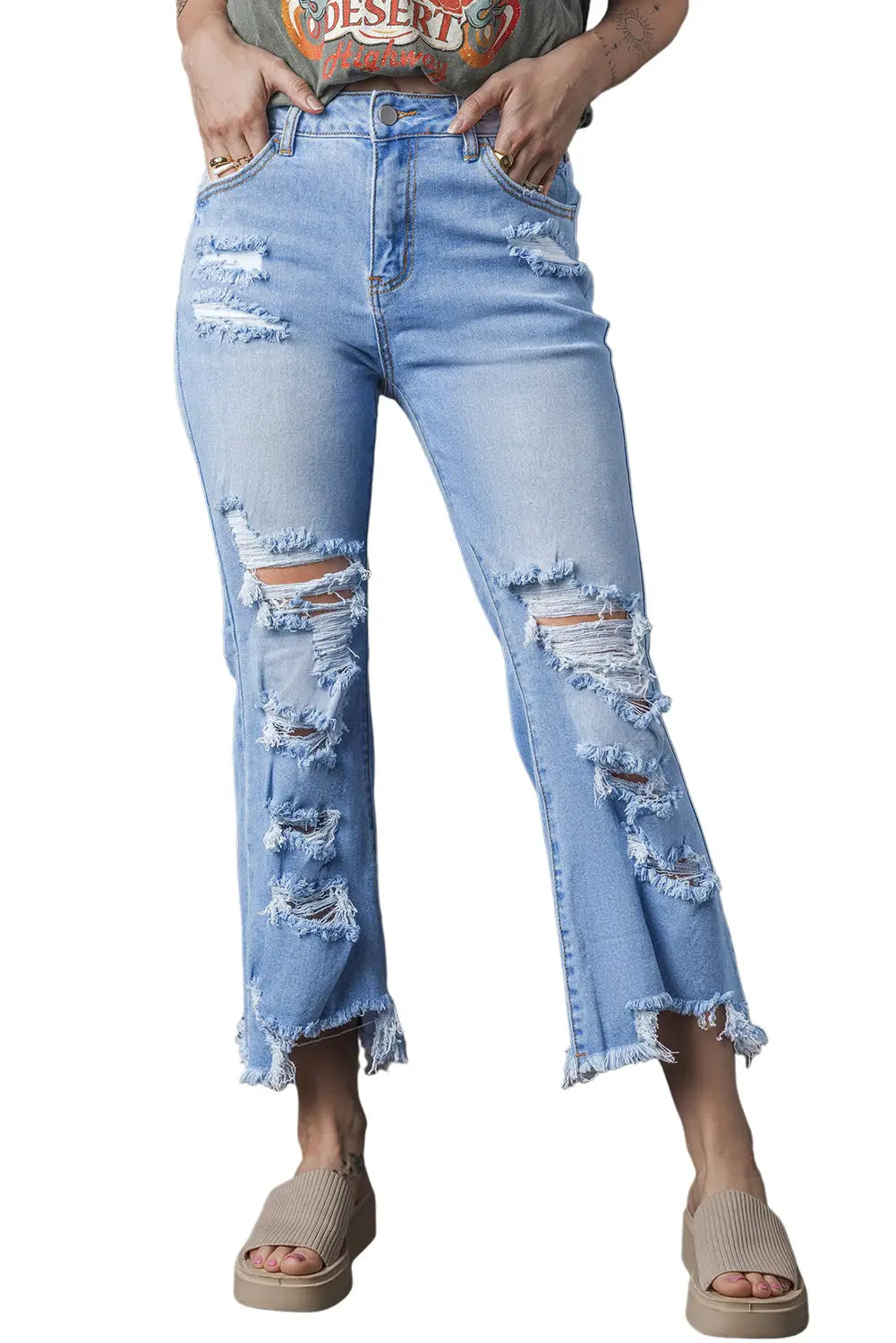 Sky blue heavy destroyed high waist jeans - bottoms