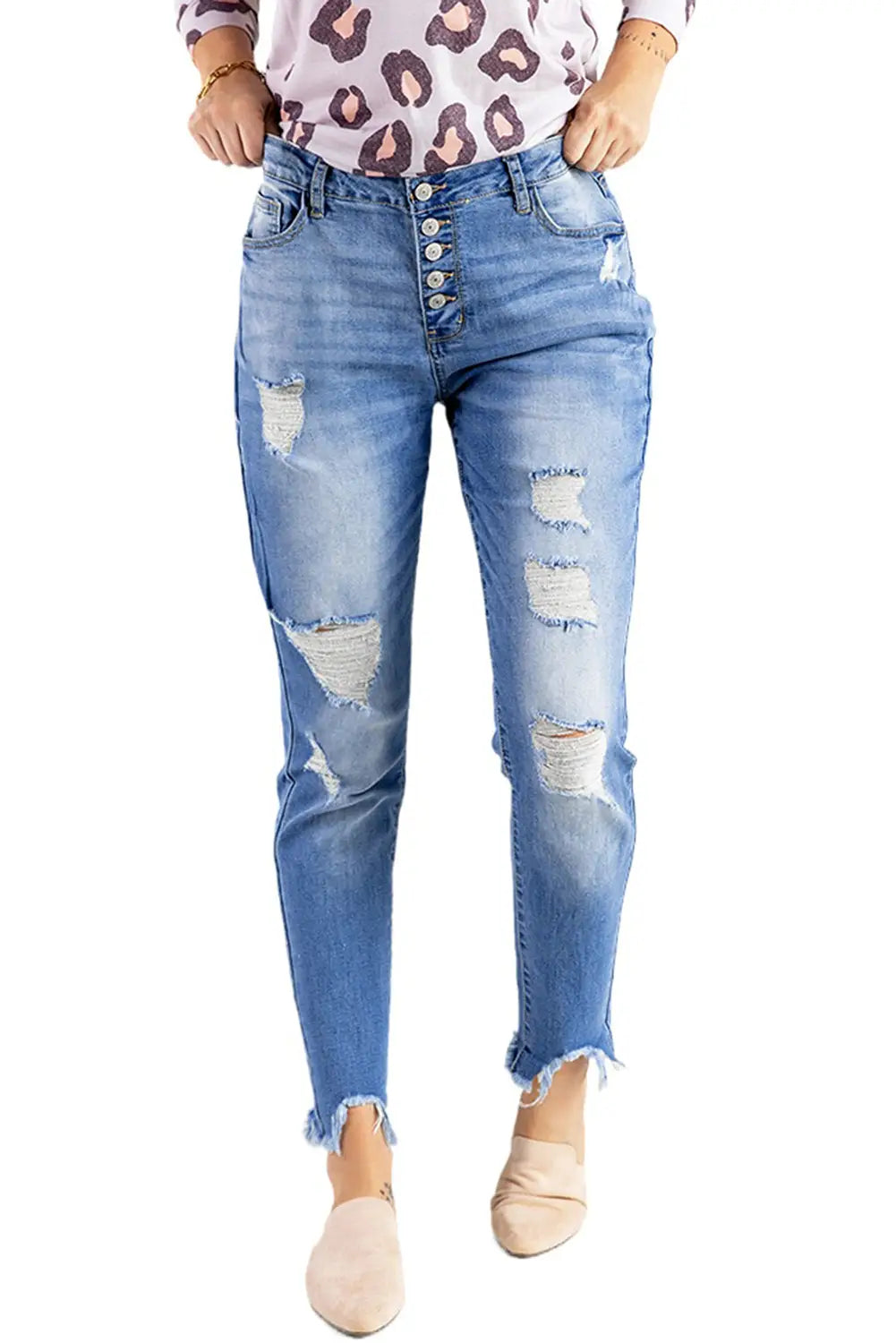 Sky blue high rise button front frayed ankle skinny jeans