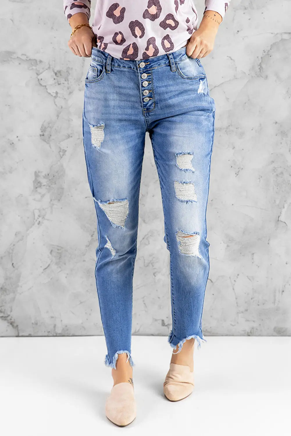 Sky blue high rise button front frayed ankle skinny jeans