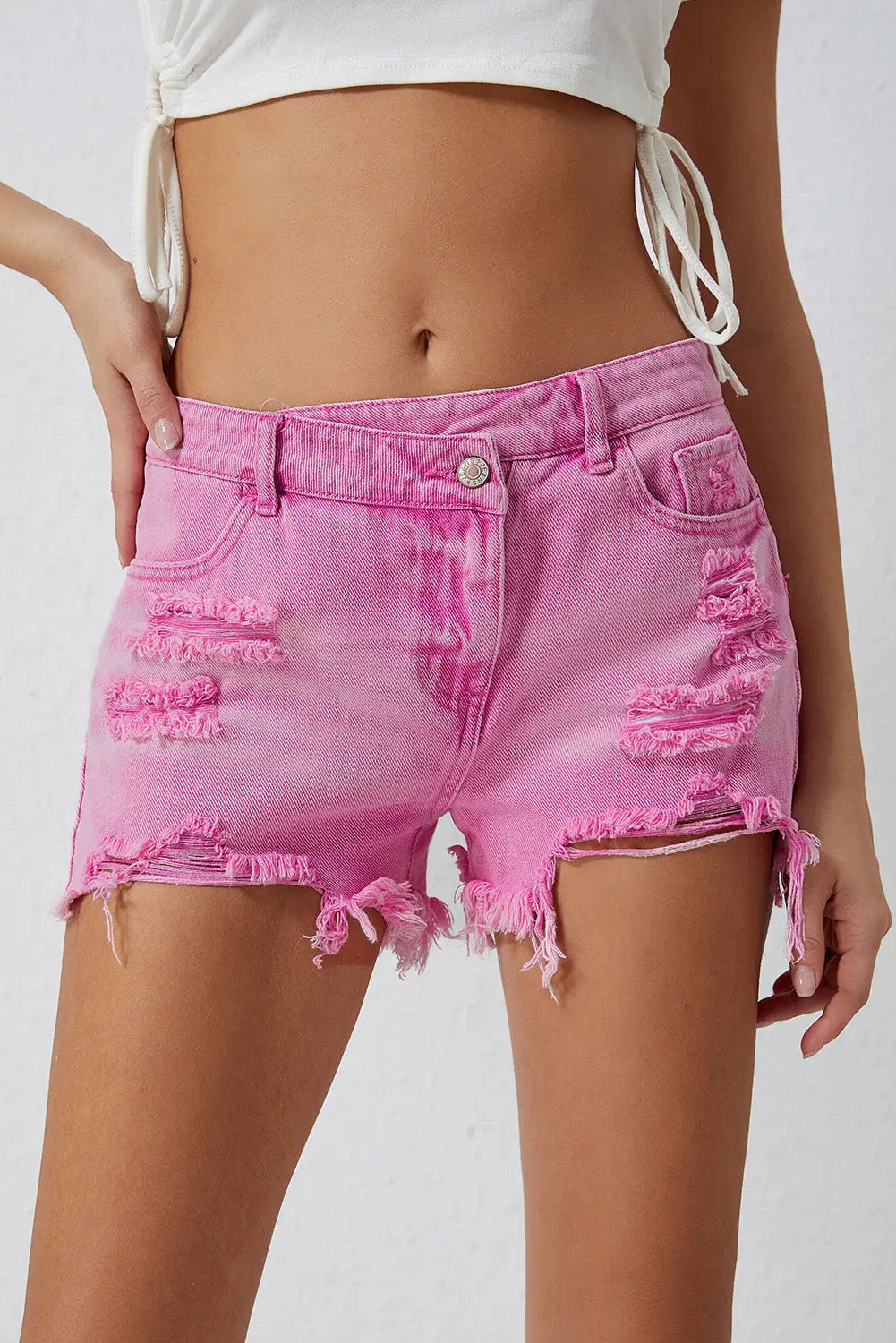 Sky blue high rise crossover waist denim shorts - pink / 4 / 85% cotton + 15% polyester