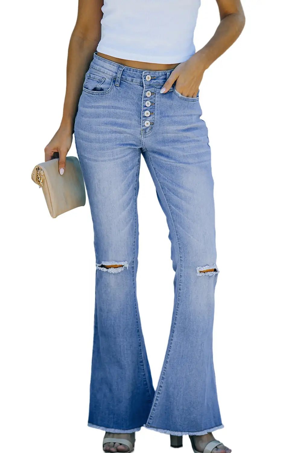 Sky blue high rise distressed bell bottom denims - jeans