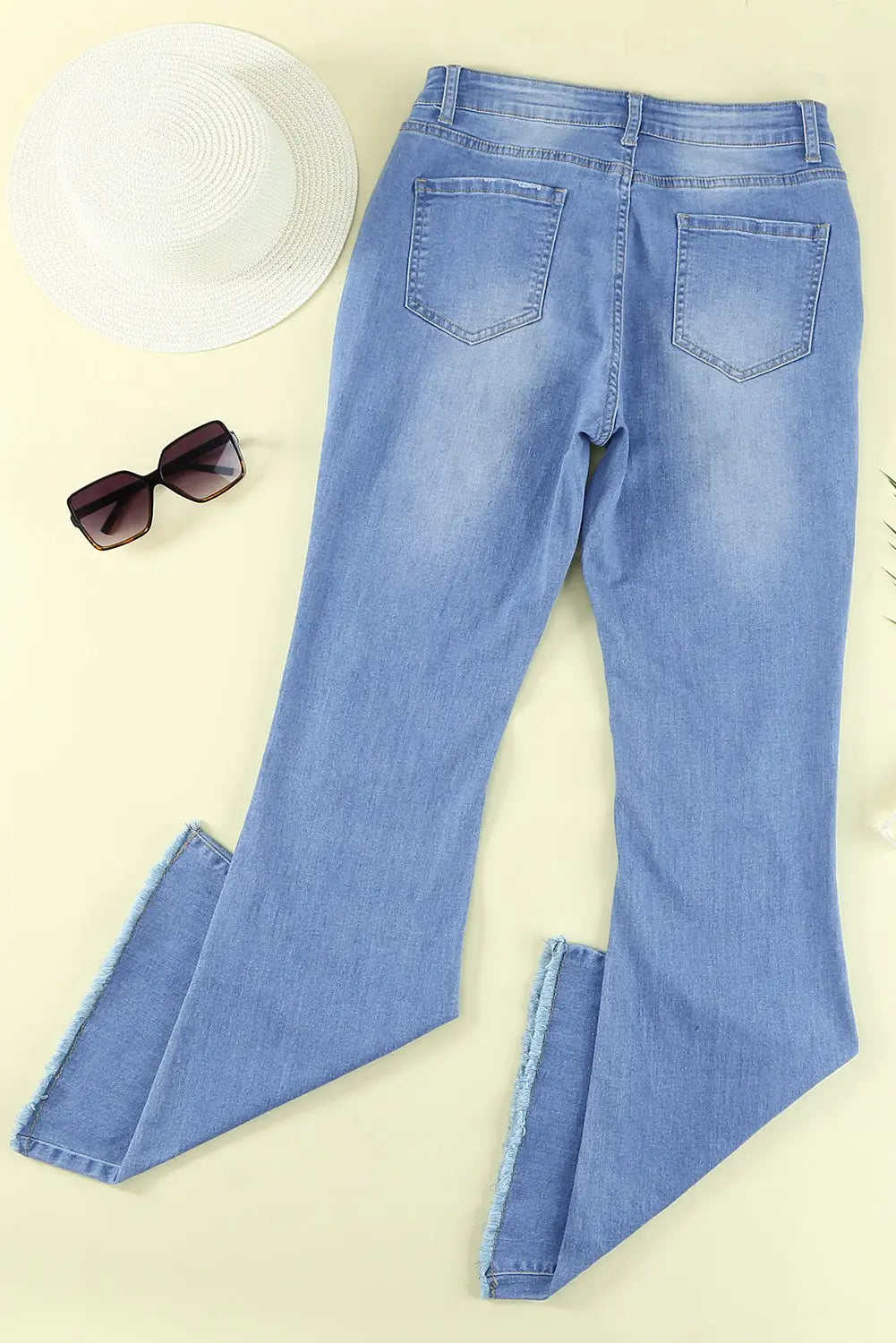 Sky blue high rise distressed bell bottom denims - jeans