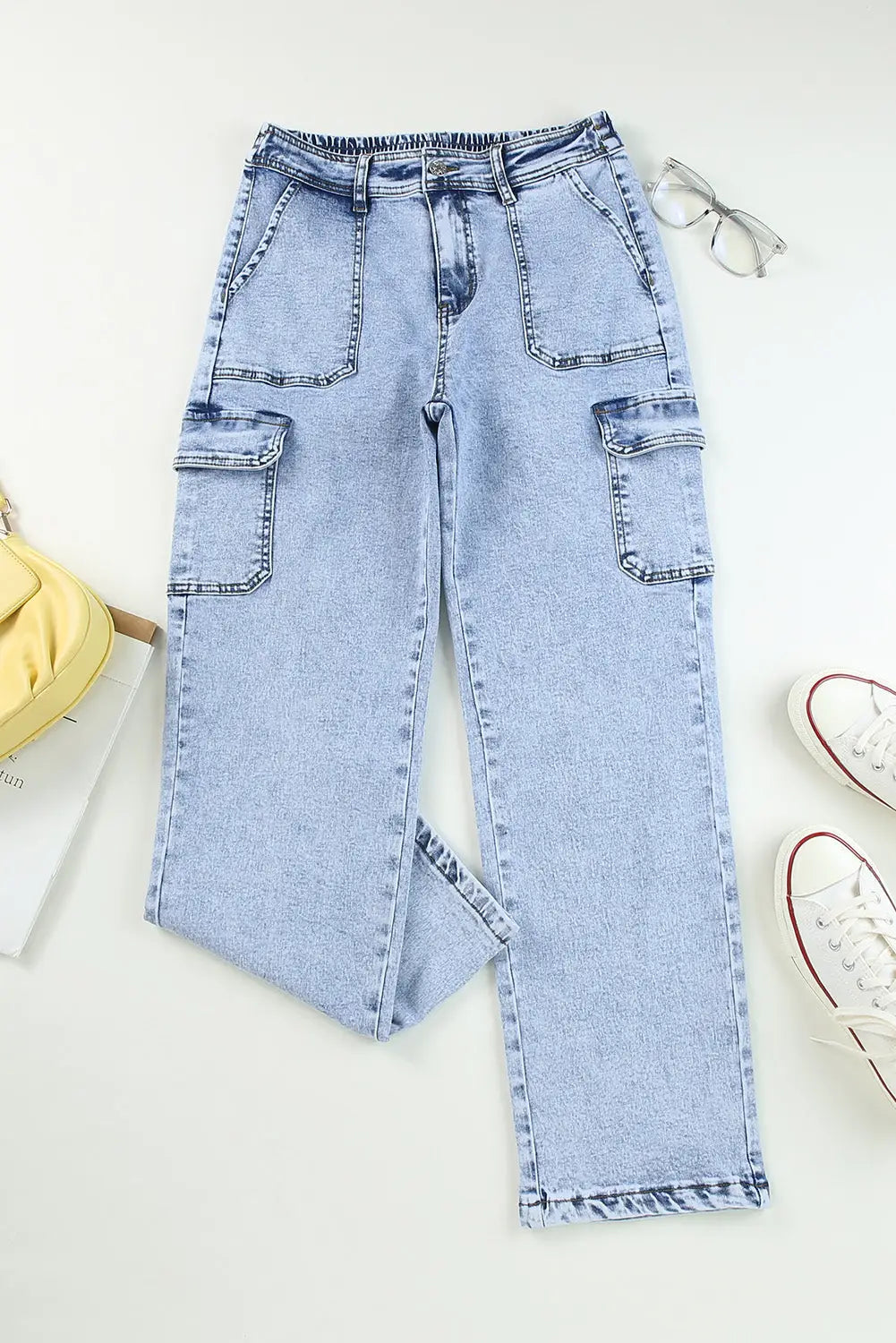 Sky blue high waist wide leg cargo jeans