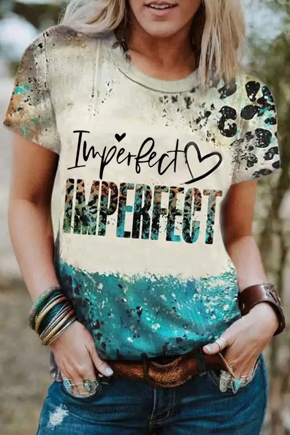 Sky blue imperfect western fashion letters graphic tee - s / 95% polyester + 5% elastane - t-shirts