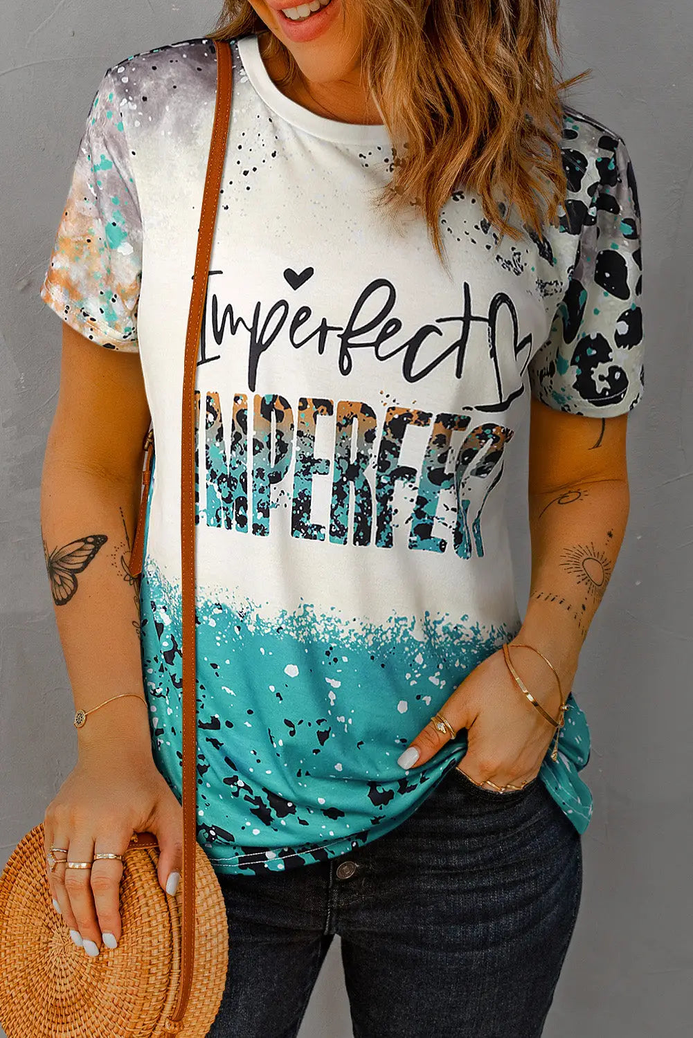 Sky blue imperfect western fashion letters graphic tee - t-shirts