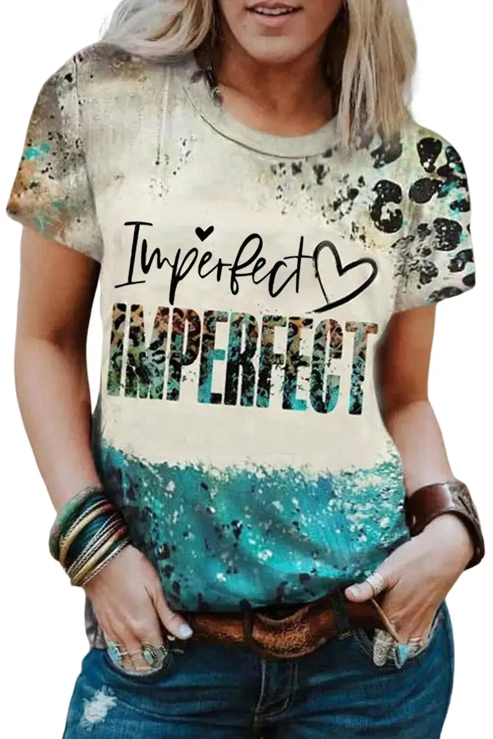 Sky blue imperfect western fashion letters graphic tee - t-shirts