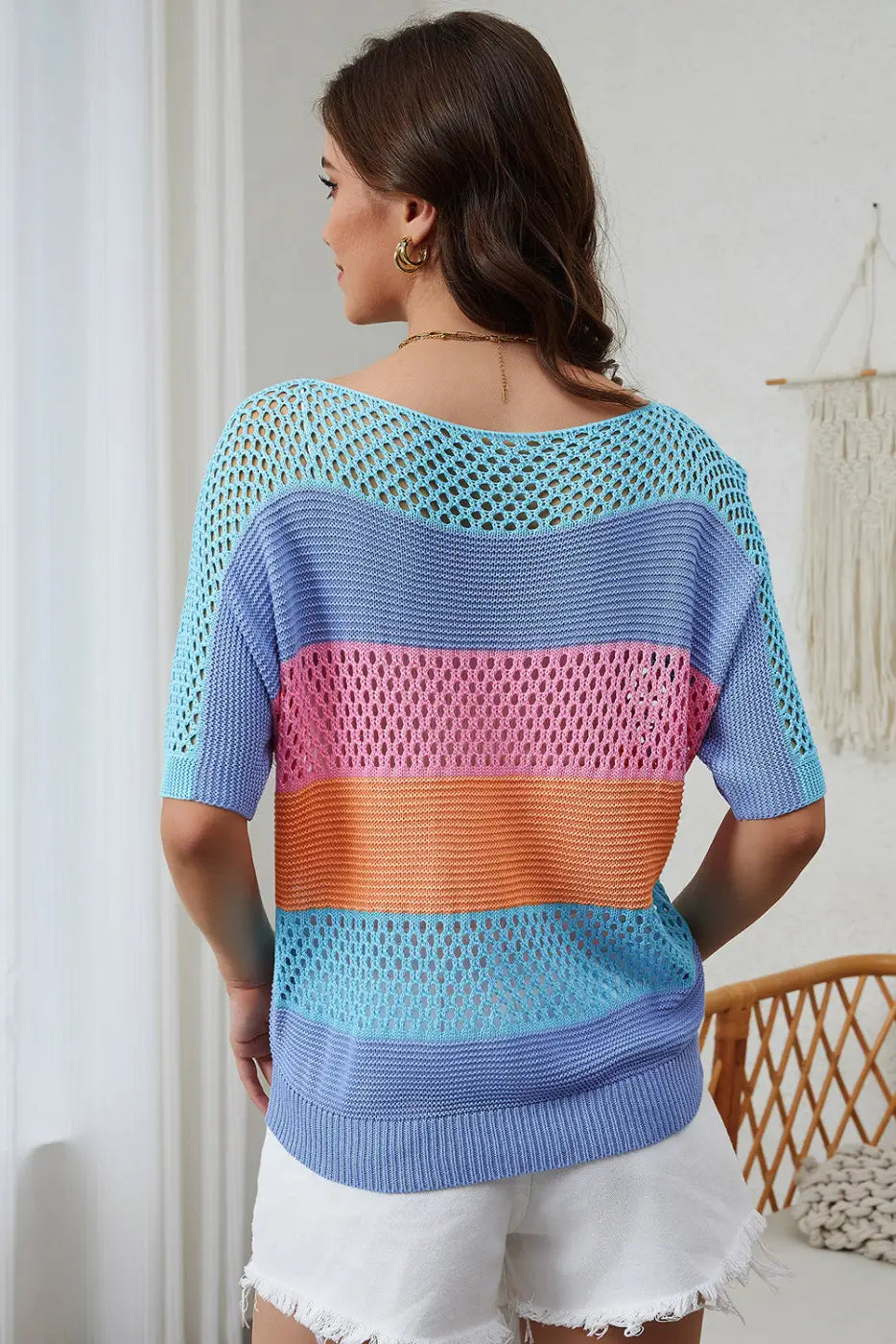 Eyelet knit striped half sleeves top - short sleeve sweaters