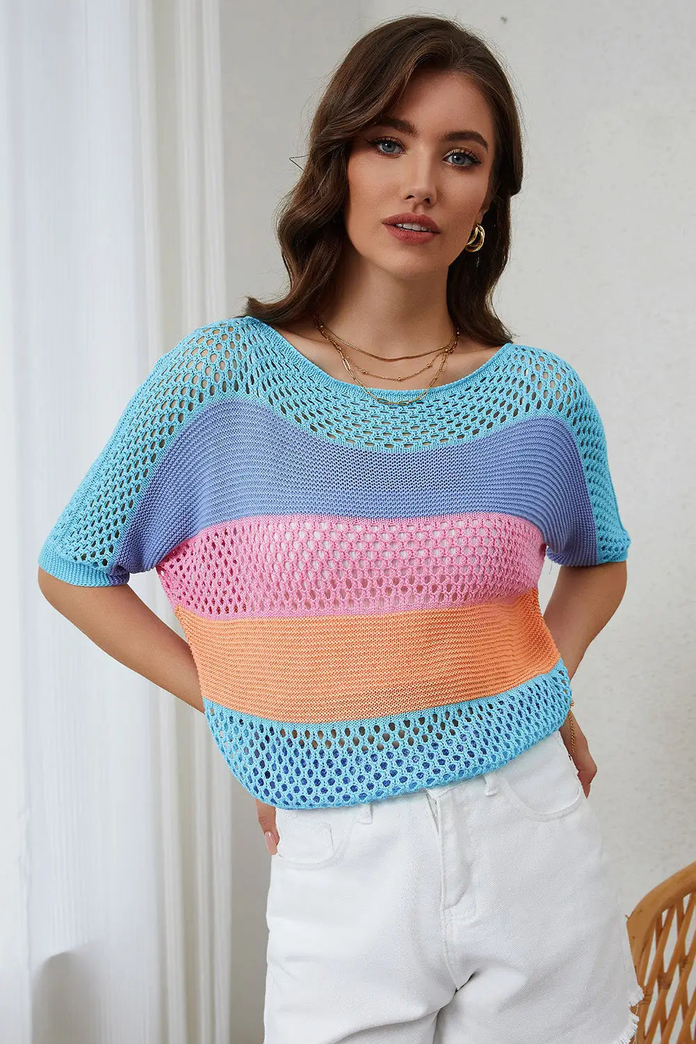 Sky blue knitted eyelet colorblock striped half sleeves top - s / 100% viscose - t-shirts