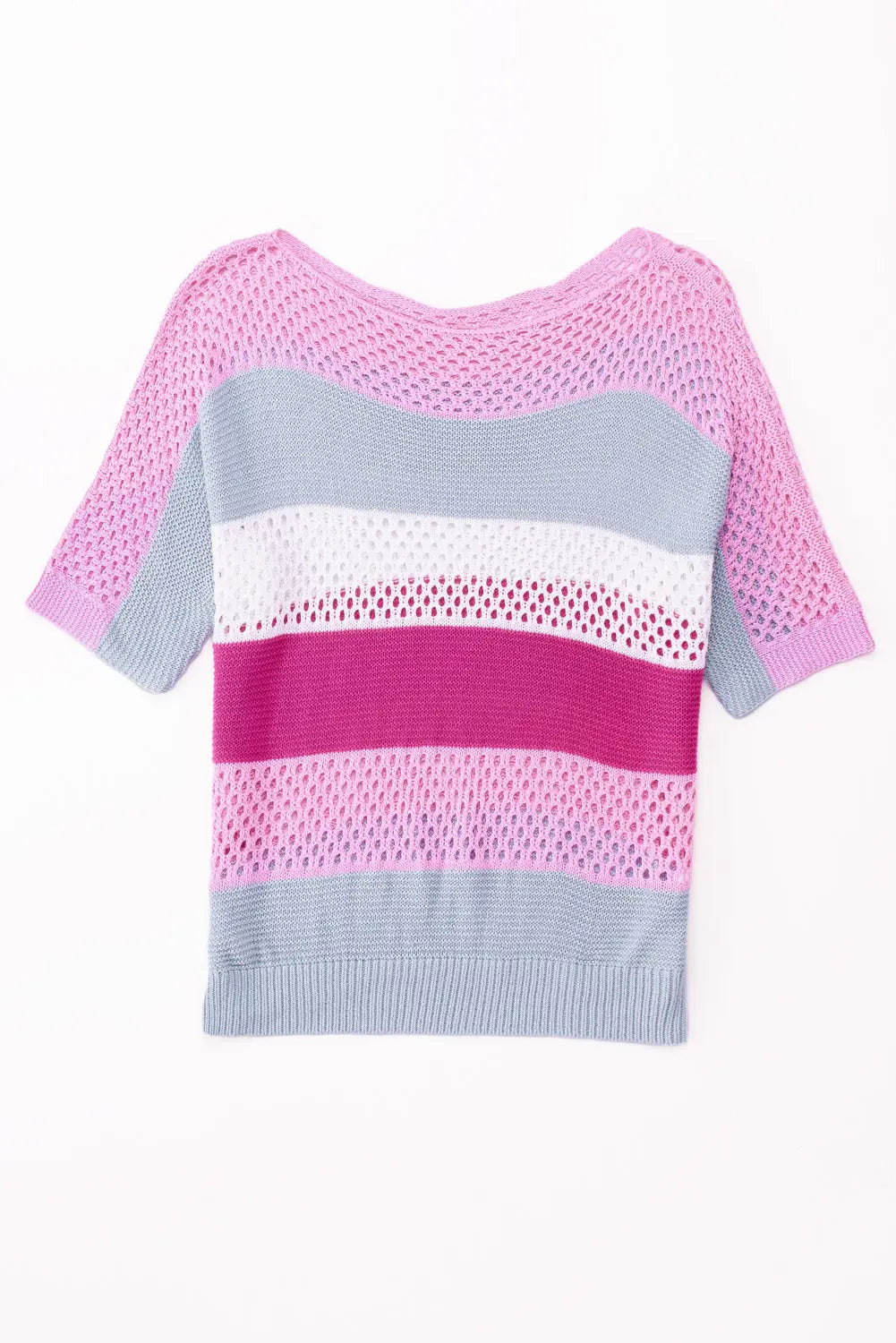 Sky blue knitted eyelet colorblock striped half sleeves top - t-shirts