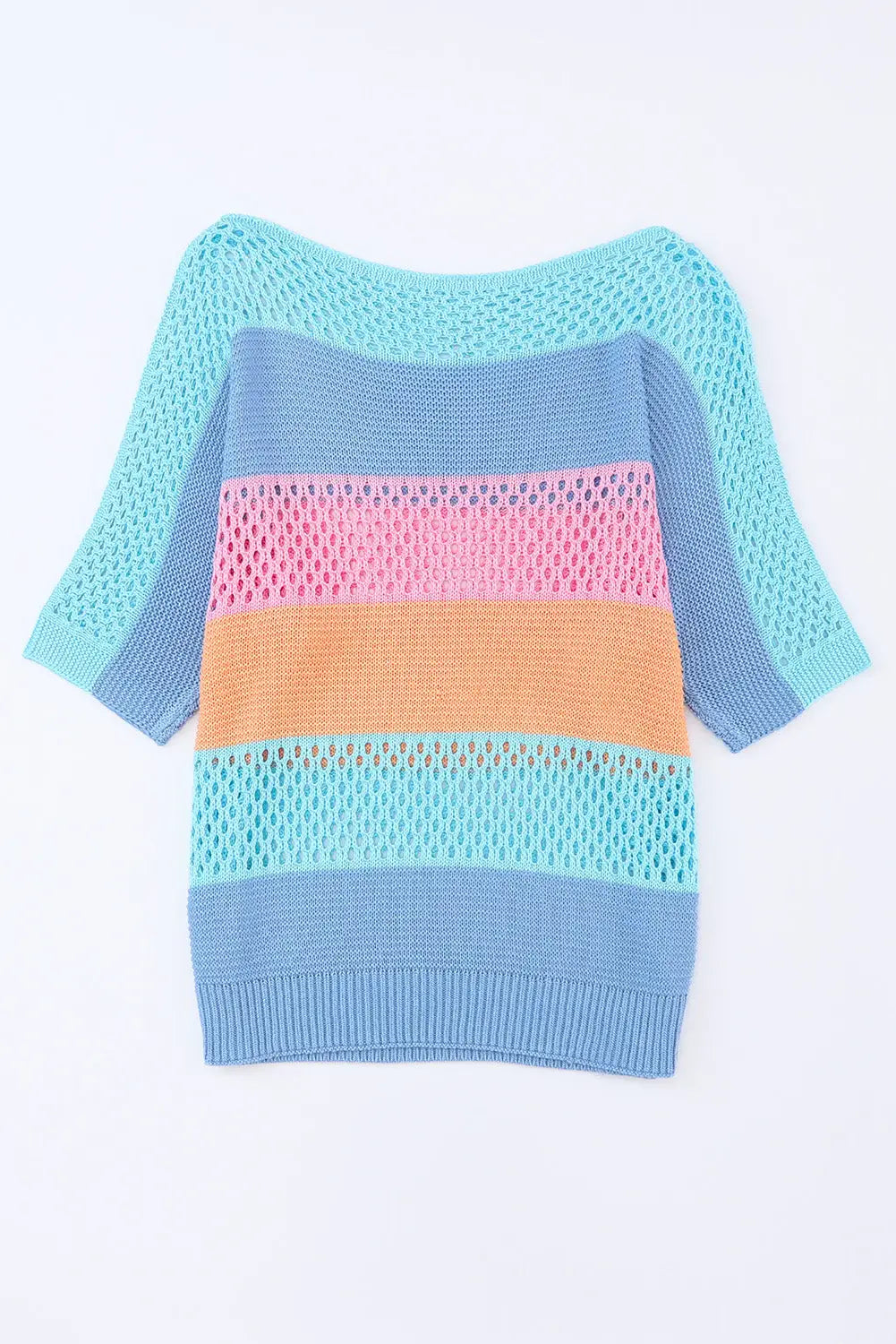 Sky blue knitted eyelet colorblock striped half sleeves top - t-shirts
