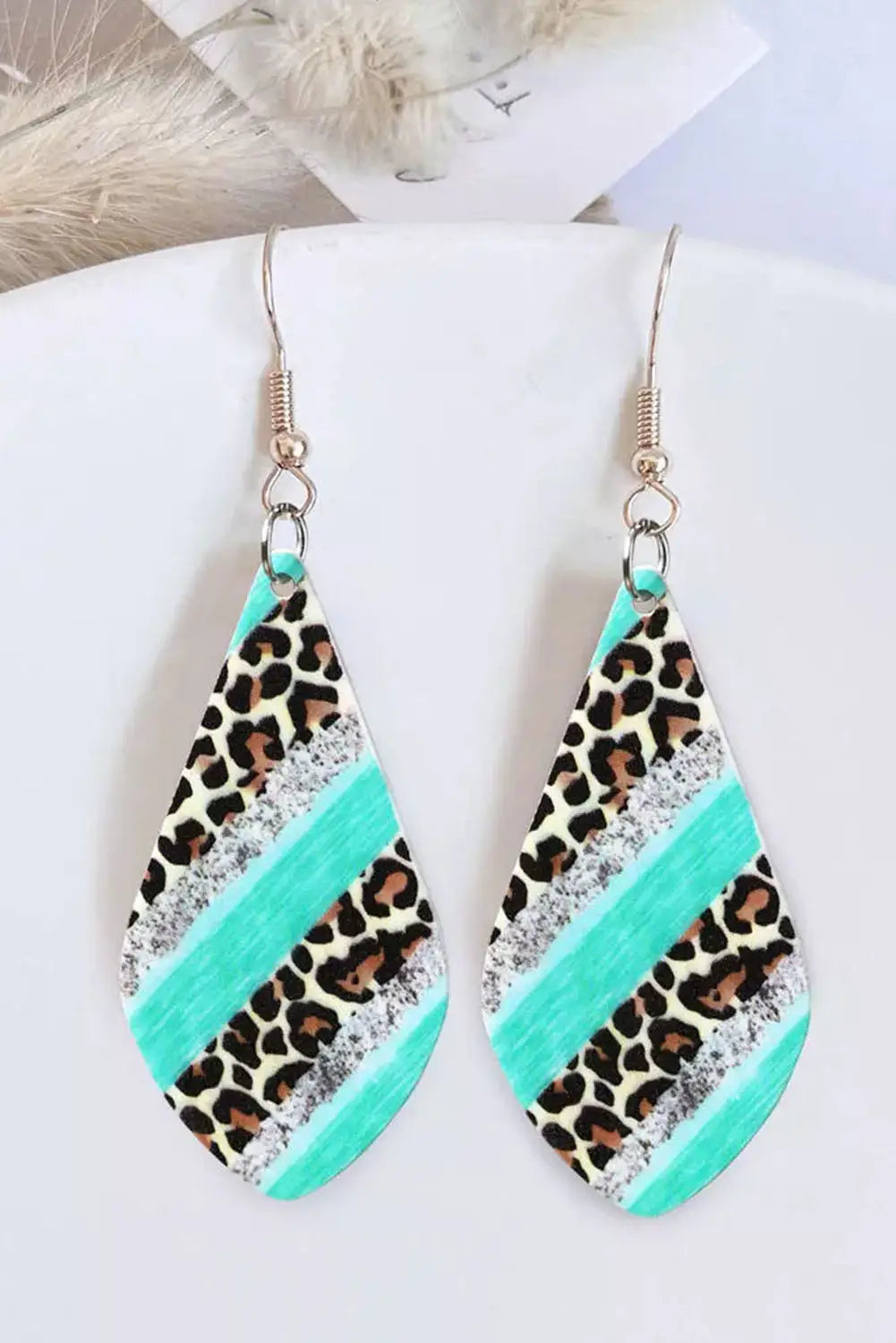 Sky blue leopard color block glitter water drop earrings - one size / 95% pu + 5% alloy