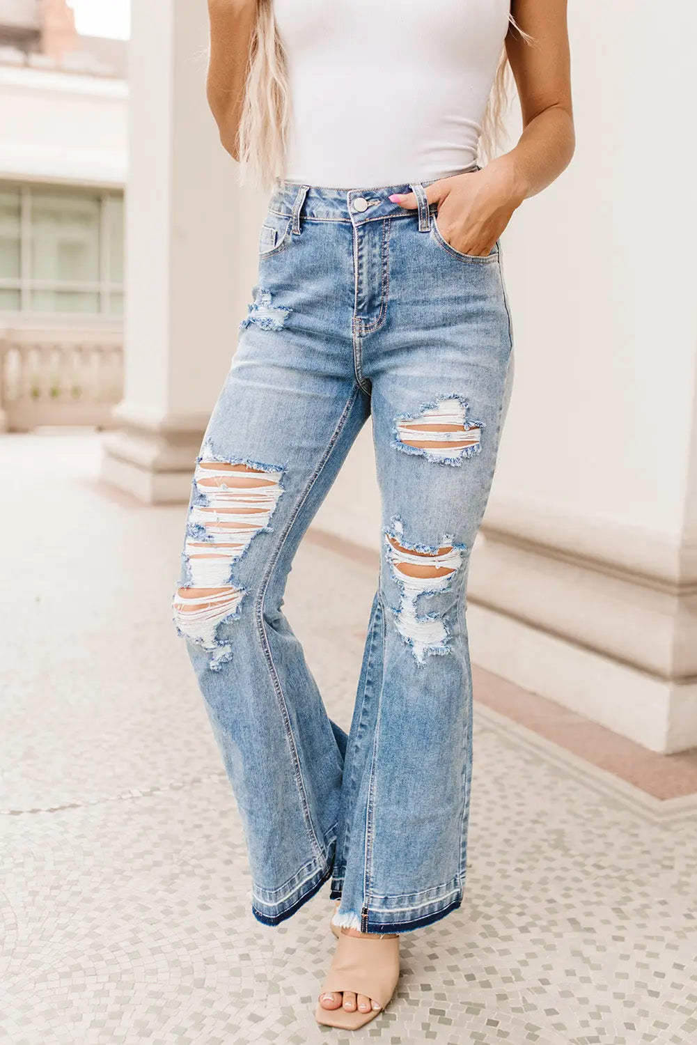 Sky blue light wash distressed high rise flare jeans - 6 / 93% cotton + 5% polyester + 2% elastane
