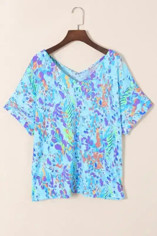 Sky Blue Loose Painted Floral Tee - Fashionfitz