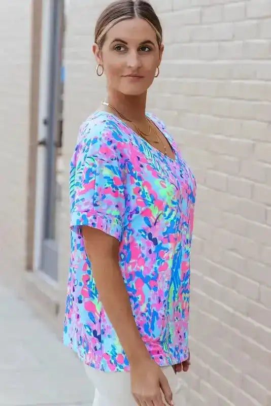 Sky Blue Loose Painted Floral Tee - Fashionfitz