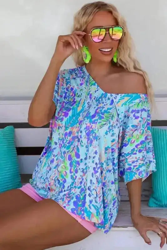 Sky Blue Loose Painted Floral Tee - Fashionfitz