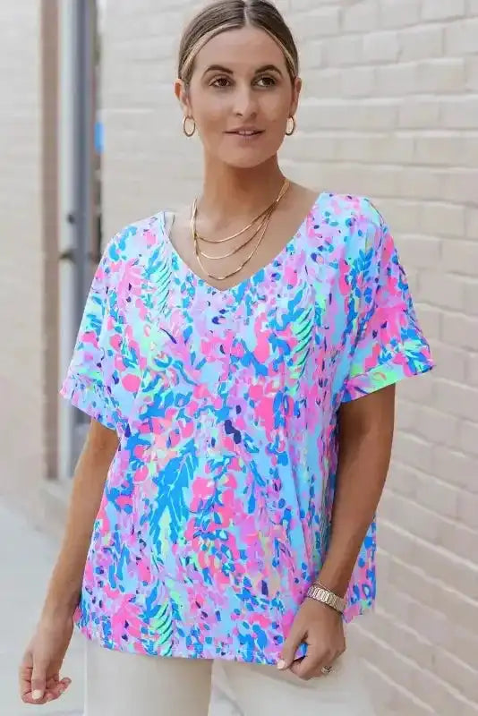 Sky Blue Loose Painted Floral Tee - Fashionfitz