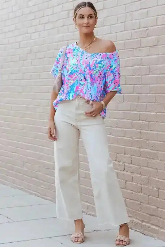 Sky Blue Loose Painted Floral Tee - Fashionfitz