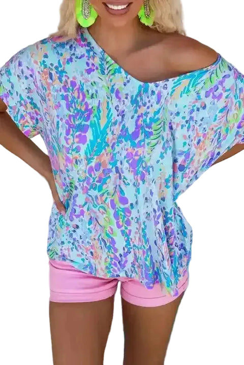 Sky Blue Loose Painted Floral Tee - Fashionfitz