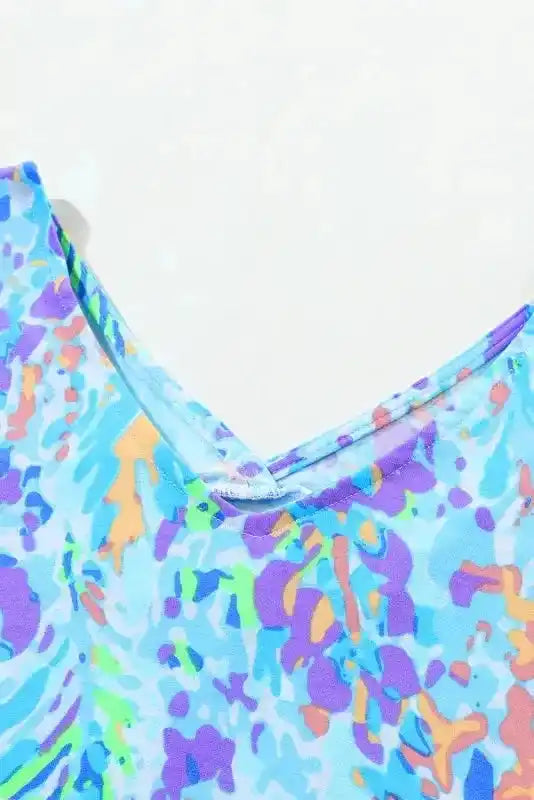 Sky Blue Painted Floral Loose Fit V-Neck T-Shirt Women UK styled as a breezy artisan casual summer outfit — Fashionfitz