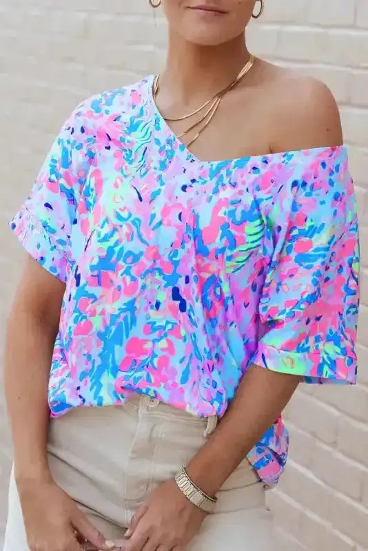 Sky Blue Loose Painted Floral Tee - Fashionfitz