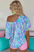 Sky Blue Loose Painted Floral Tee - Fashionfitz