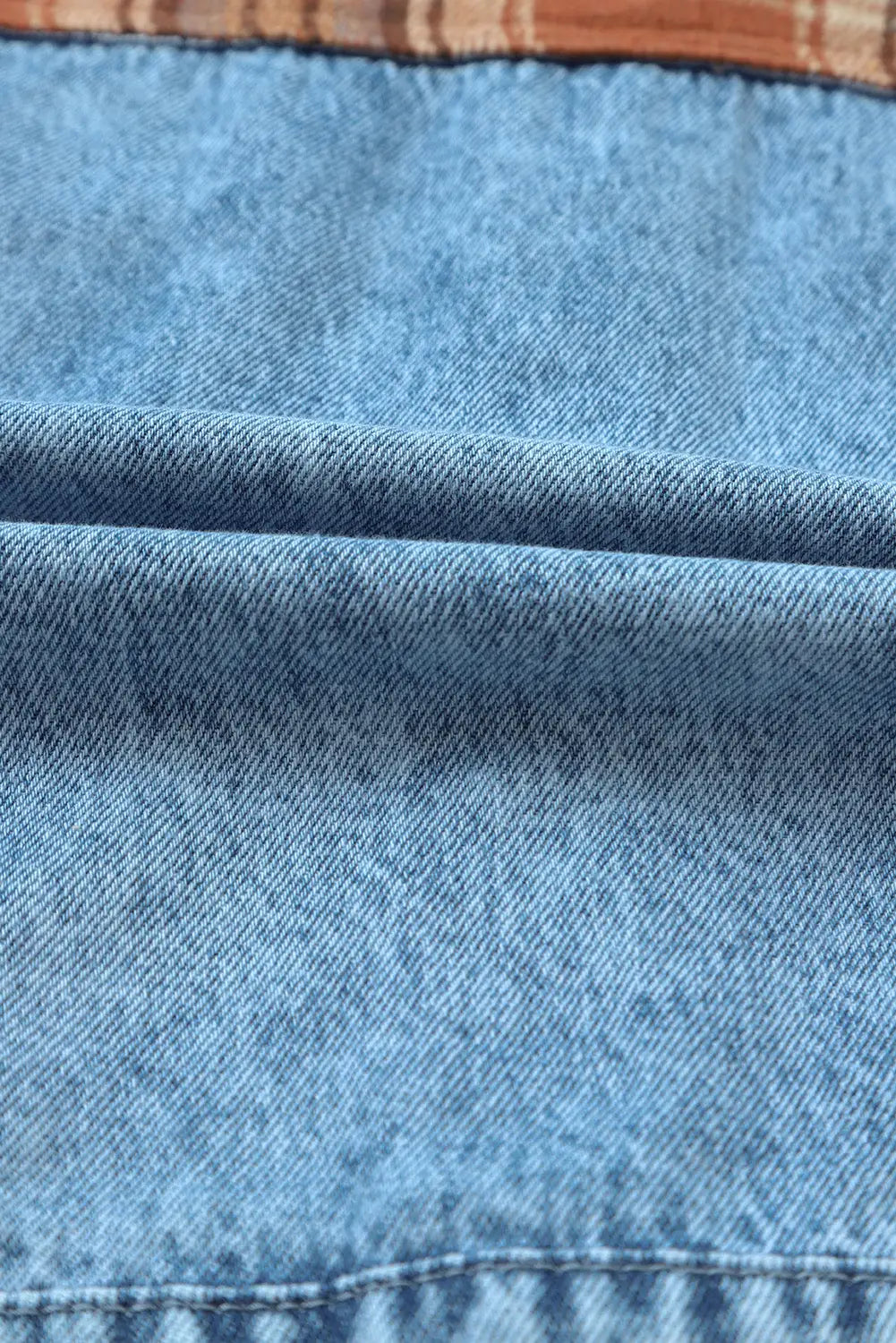 Sky blue medium wash plaid sleeves denim jacket - outerwear