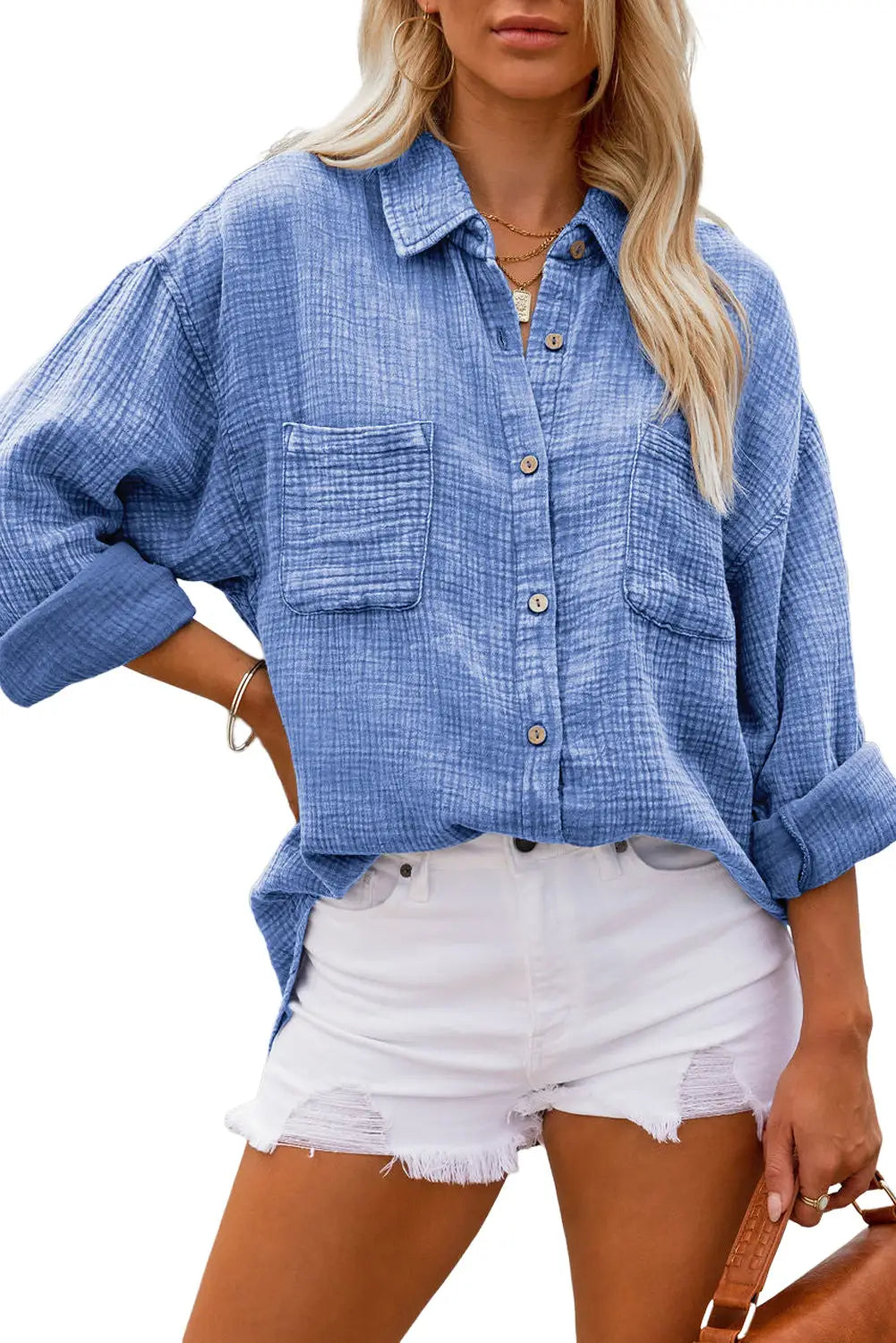 Sky blue mineral wash crinkle textured chest pockets shirt - tops