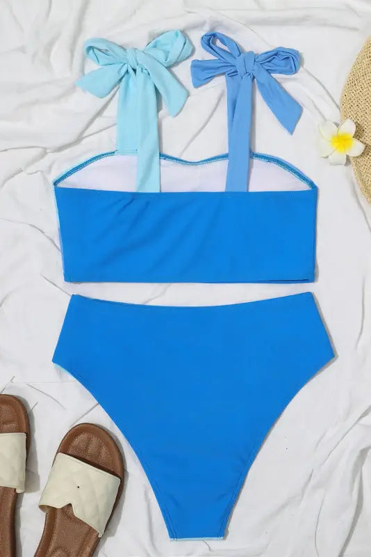 Sky blue ombre color block tie shoulder bikini high waist swimsuit - swimsuits