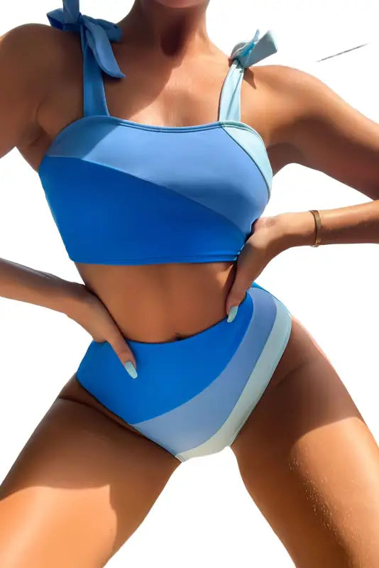 Sky blue ombre color block tie shoulder bikini high waist swimsuit - swimsuits