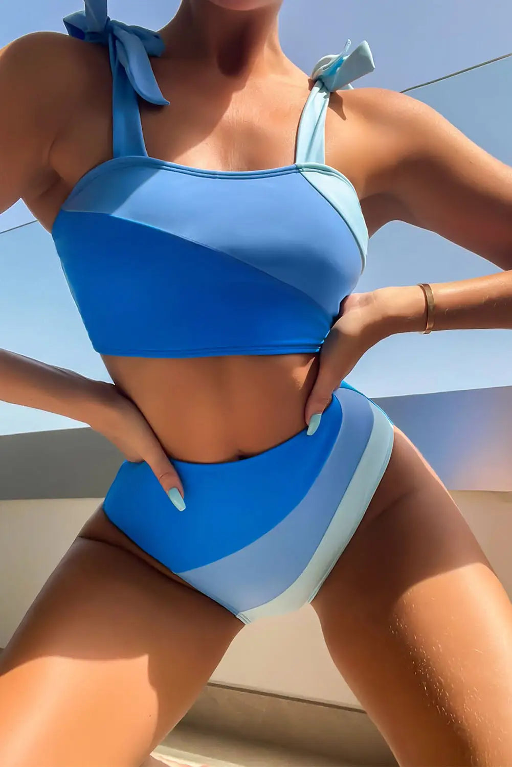 Sky blue ombre color block tie shoulder bikini high waist