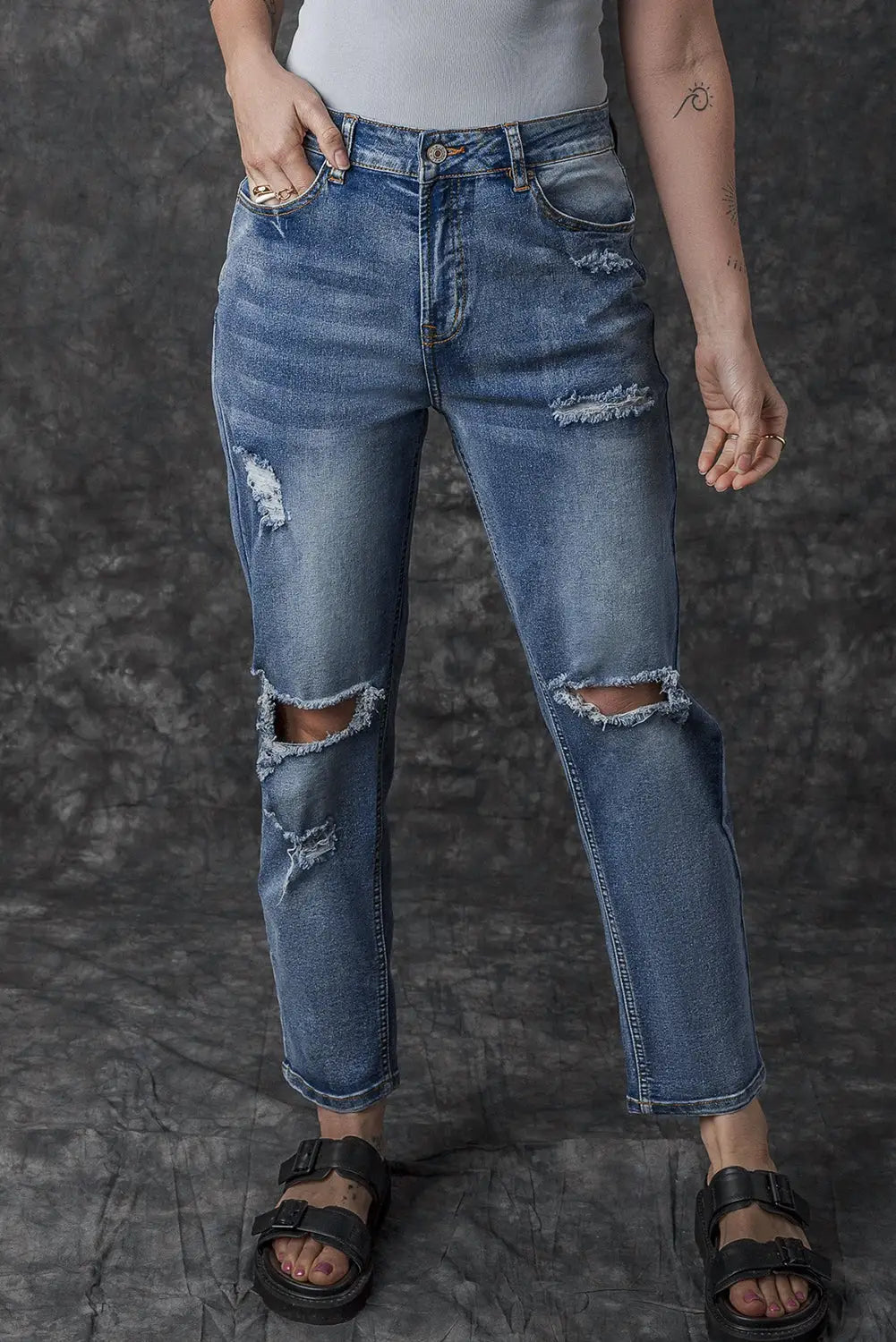 Sky blue open knee cutout straight leg jeans - bottoms