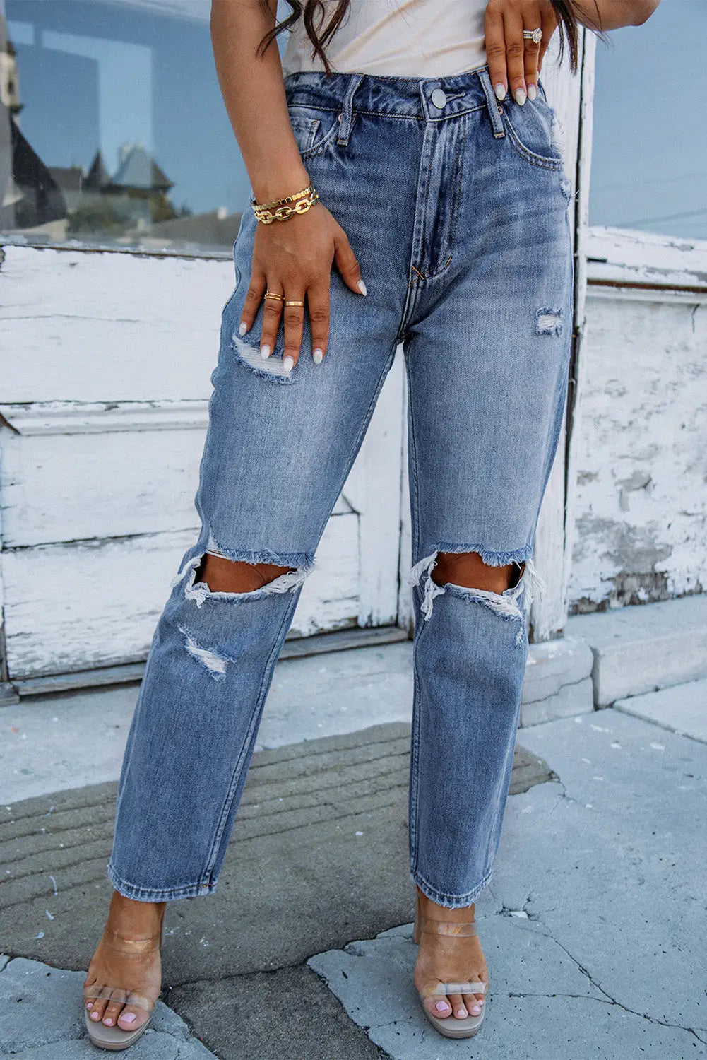 Sky blue open knee cutout straight leg jeans - bottoms