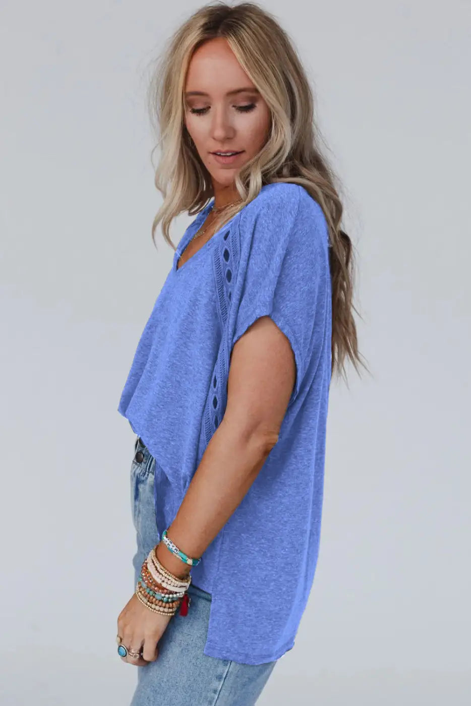 Sky blue oversized tee - crochet lace detail - tops & tees