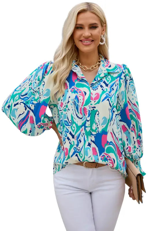 Sky blue paisley print 3/4 lantern sleeve shirt - tops