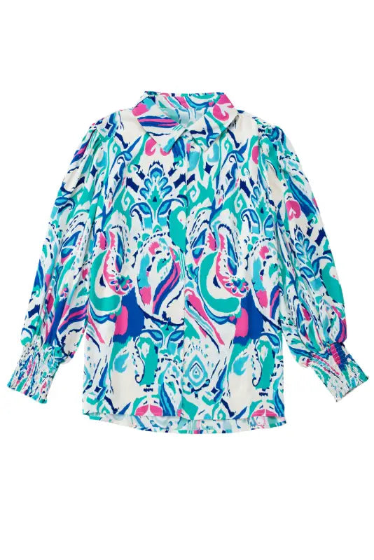 Sky blue paisley print 3/4 lantern sleeve shirt - tops