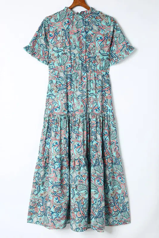 Sky blue paisley print boho holiday ruffle tiered maxi dress - dresses