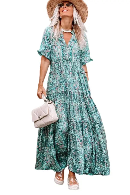 Sky blue paisley print boho holiday ruffle tiered maxi dress - dresses