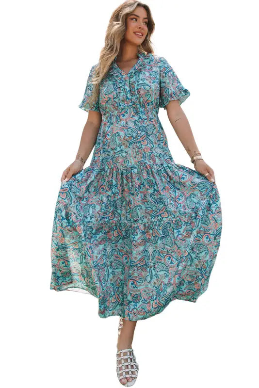 Sky blue paisley print boho holiday ruffle tiered maxi dress - dresses