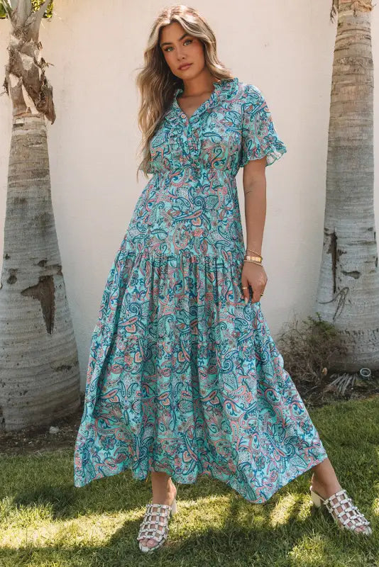 Sky blue paisley print boho holiday ruffle tiered maxi dress - dresses