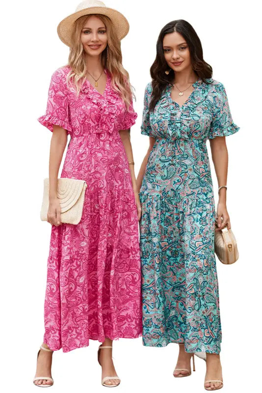 Sky blue paisley print boho holiday ruffle tiered maxi dress - dresses