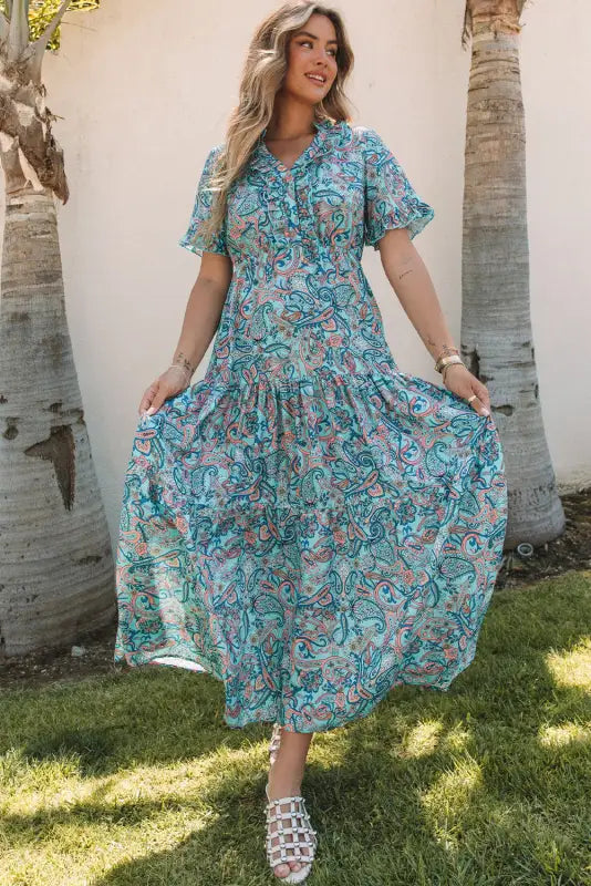 Sky blue paisley print boho holiday ruffle tiered maxi dress - dresses