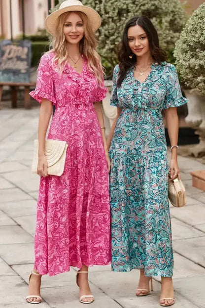 Sky Blue Paisley Print Boho Holiday Ruffle Tiered Maxi Dress - Fashionfitz