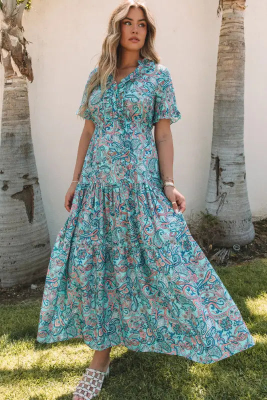 Sky blue paisley print boho holiday ruffle tiered maxi dress - s / 100% polyester - dresses