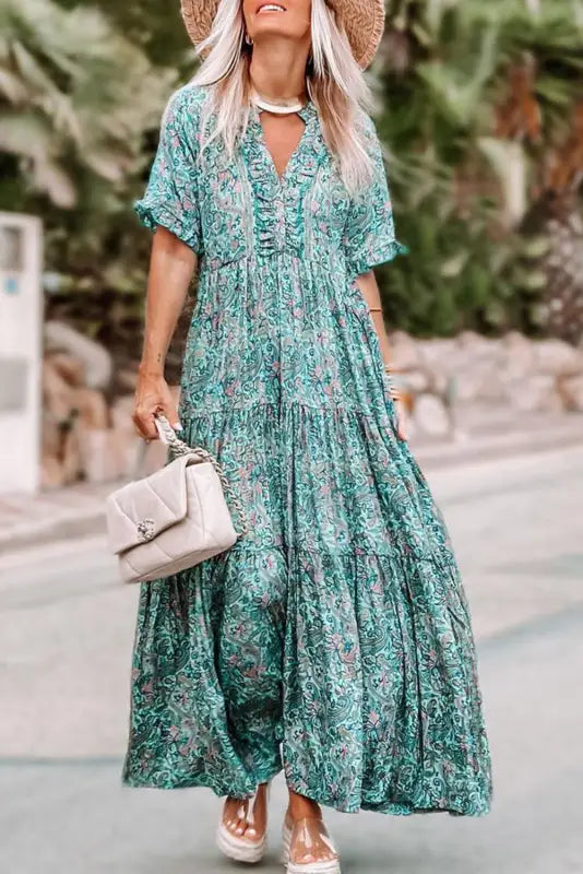 Sky blue paisley print boho holiday ruffle tiered maxi dress - dresses