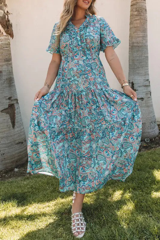 Sky blue paisley print boho holiday ruffle tiered maxi dress - dresses