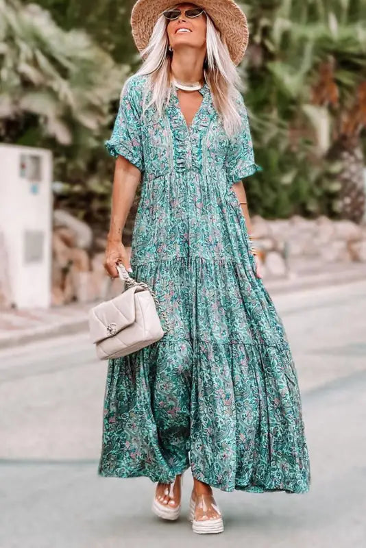 Sky blue paisley print boho holiday ruffle tiered maxi dress - dresses