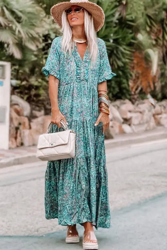 Sky blue paisley print boho holiday ruffle tiered maxi dress - dresses