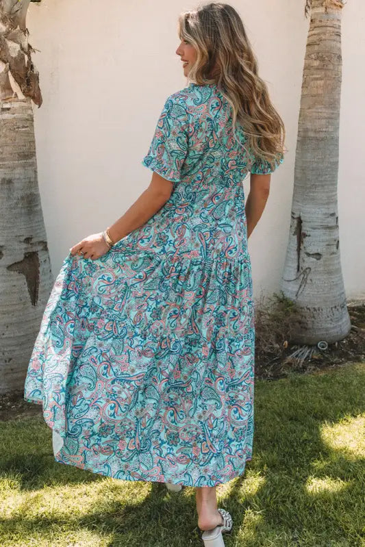 Sky blue paisley print boho holiday ruffle tiered maxi dress - dresses